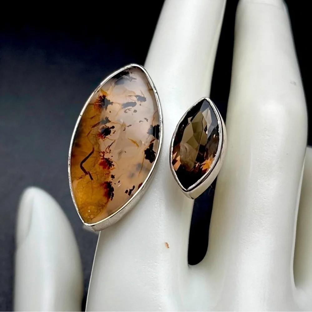 NEW SMOKEY QUARTZ and Montana Agate Unique Statement‎ Ring